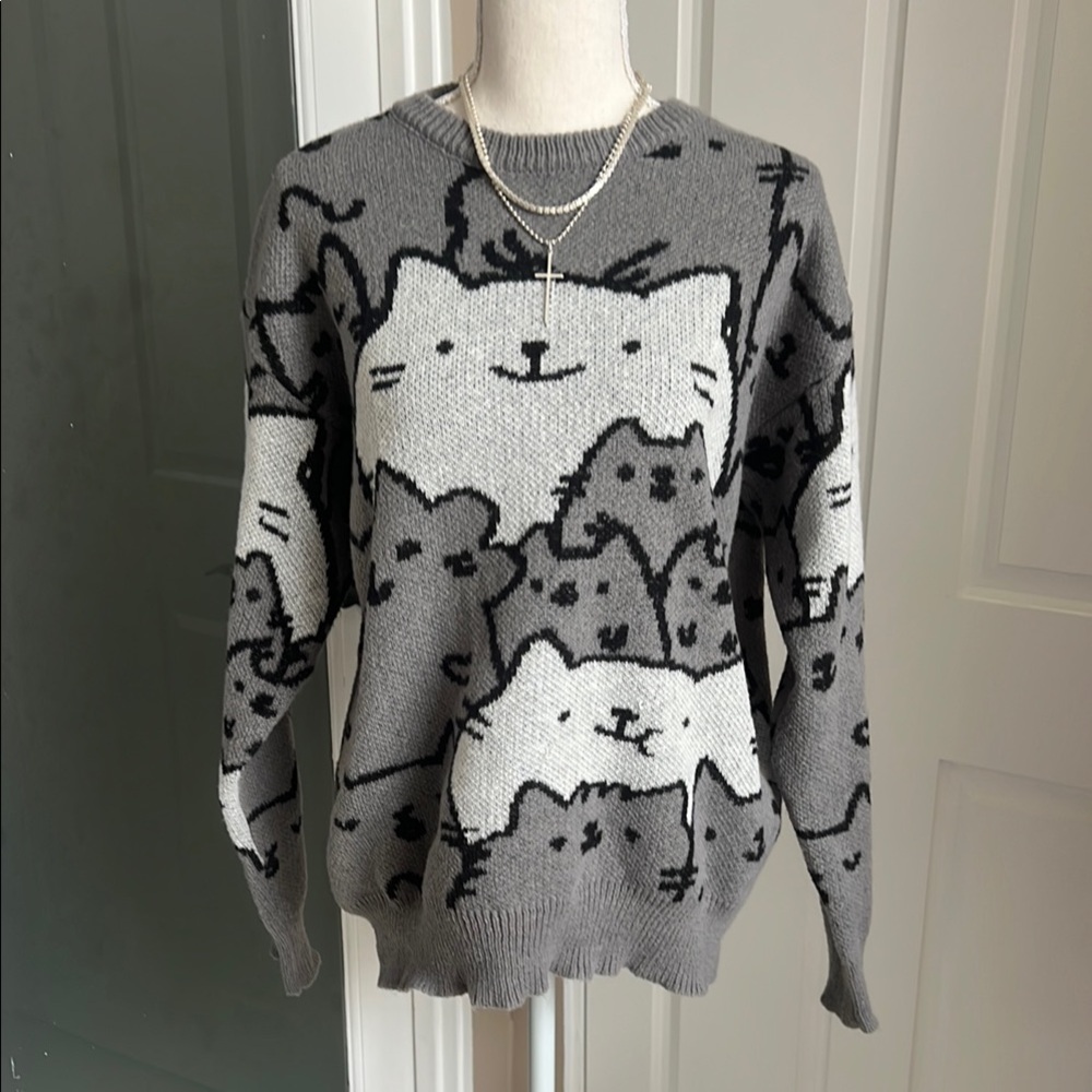 Gray Cat Pattern Sweater